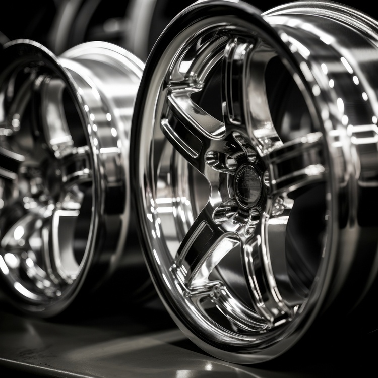 Close-up of polished, metallic car rims arranged in a row, reflecting light at an automotive body shop.